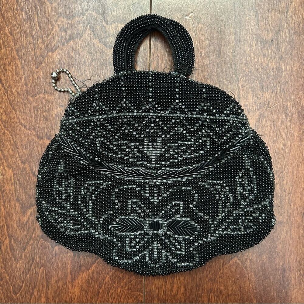 Vintage Black Beaded Mini Handbag, Hand Beaded in Czechoslovakia